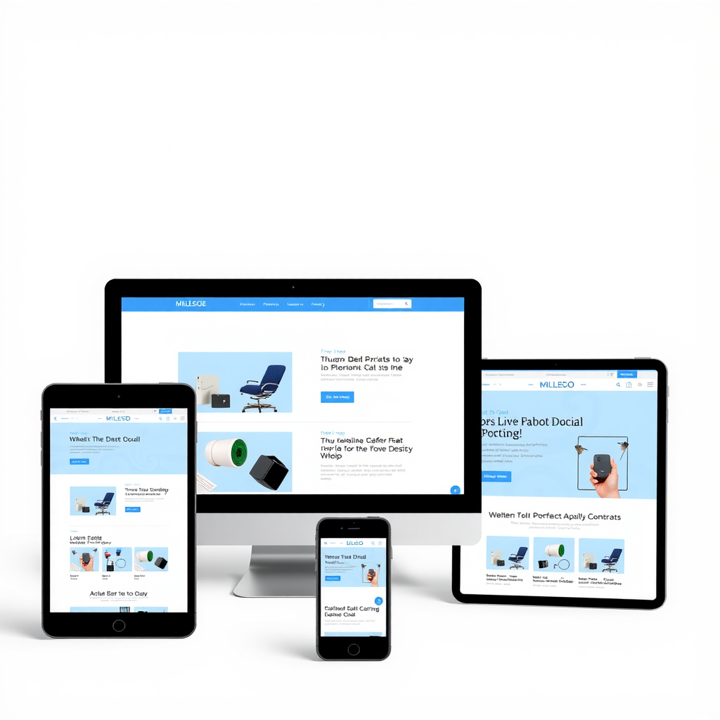 Modern website design mockup showing responsive layouts on multiple devices including desktop, tablet and mobile with clean blue and white color scheme