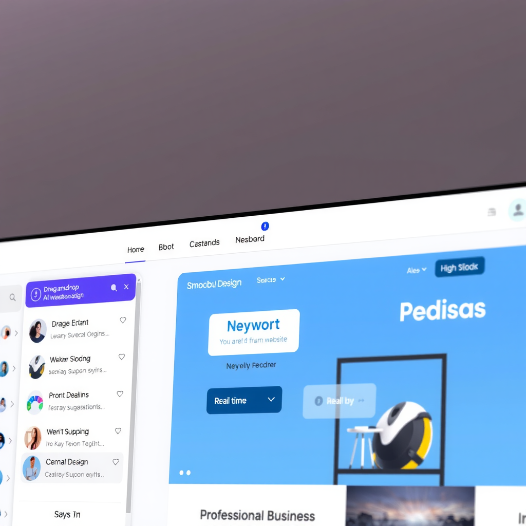 Modern dashboard interface showing Smoobu Design's AI-powered website builder with drag-and-drop functionality, intelligent design suggestions panel, and real-time preview of a professional business website being created
