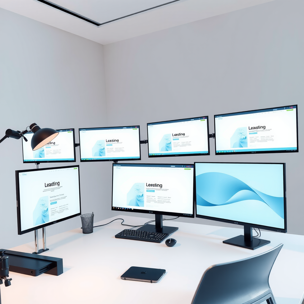 Modern minimalist workspace showing a designer working on web interface designs with multiple screens displaying clean, contemporary website layouts featuring soft blue and green color schemes