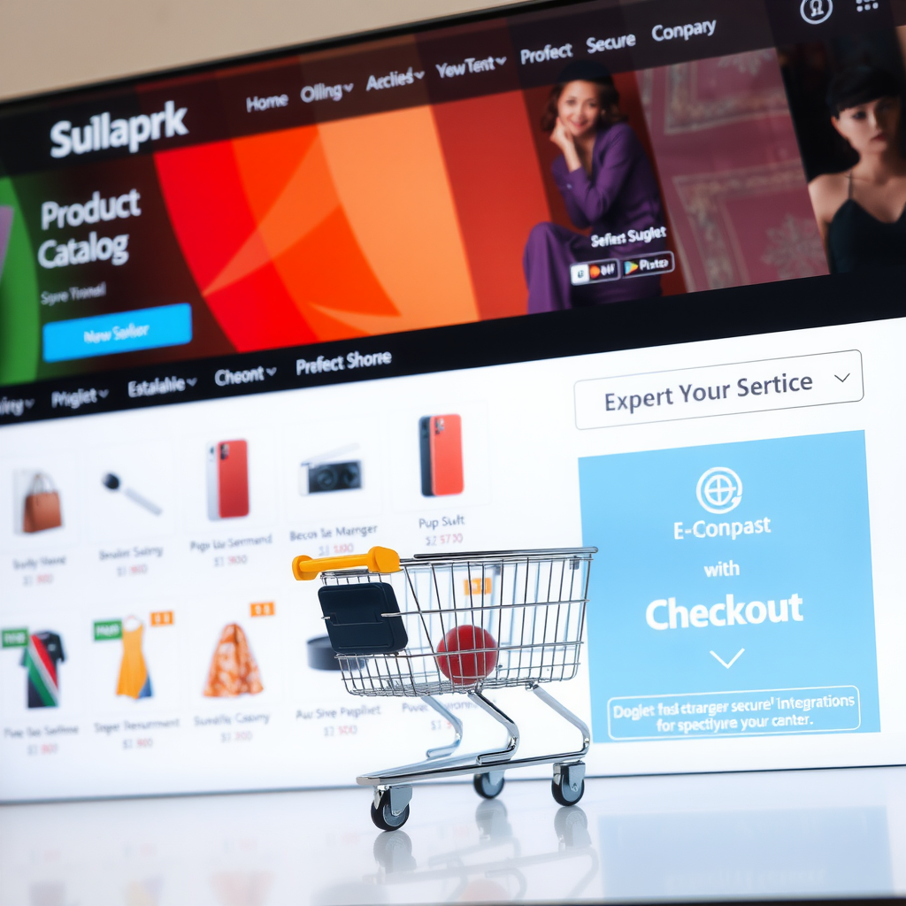 E-commerce website interface showing product catalog, shopping cart, and checkout process with secure payment integration and modern user-friendly design