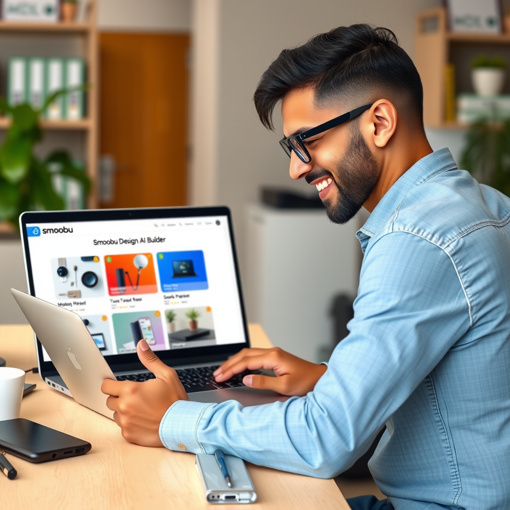 Small business owner sitting at desk working on laptop, viewing the Smoobu Design AI builder interface with multiple industry-specific template options displayed on screen, natural office lighting, professional yet approachable atmosphere
