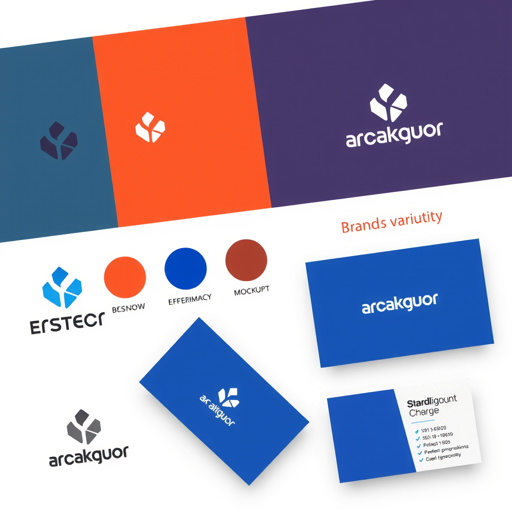 Brand identity design elements including logo variations, color palette swatches, typography samples, and business card mockups arranged professionally