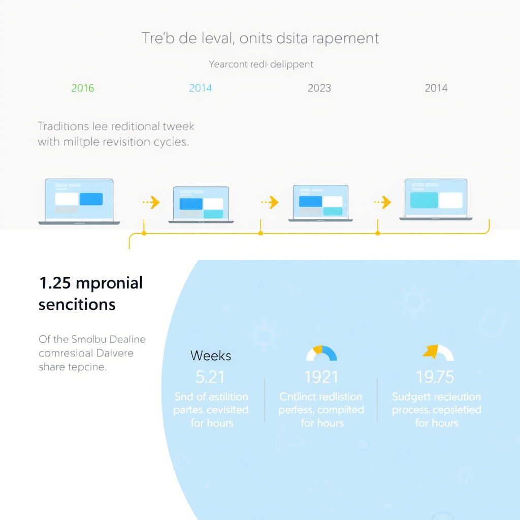 Visual timeline comparison showing traditional website development process taking weeks with multiple revision cycles versus Smoobu Design's AI-assisted process completing in hours, illustrated with clean infographic style and progress indicators