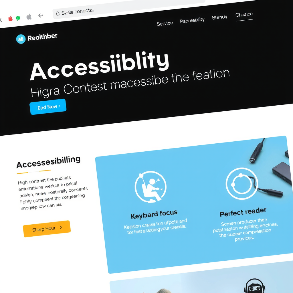 Web interface demonstrating accessibility features including high contrast text, clear navigation elements, keyboard focus indicators, and screen reader compatible components in a clean, modern layout