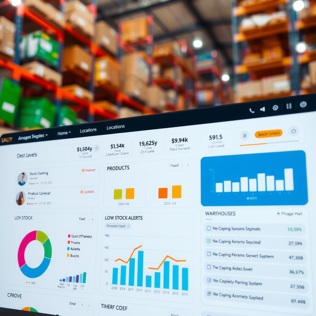 Comprehensive inventory management dashboard displaying real-time stock levels, product variations, warehouse locations, low stock alerts, and automated reordering system interface