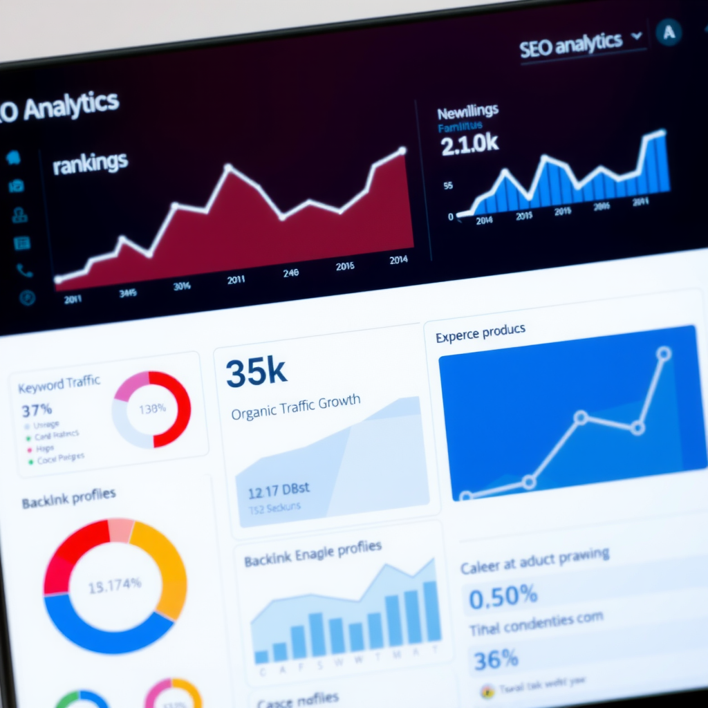 SEO analytics dashboard displaying keyword rankings, organic traffic growth charts, backlink profiles, and search engine performance metrics