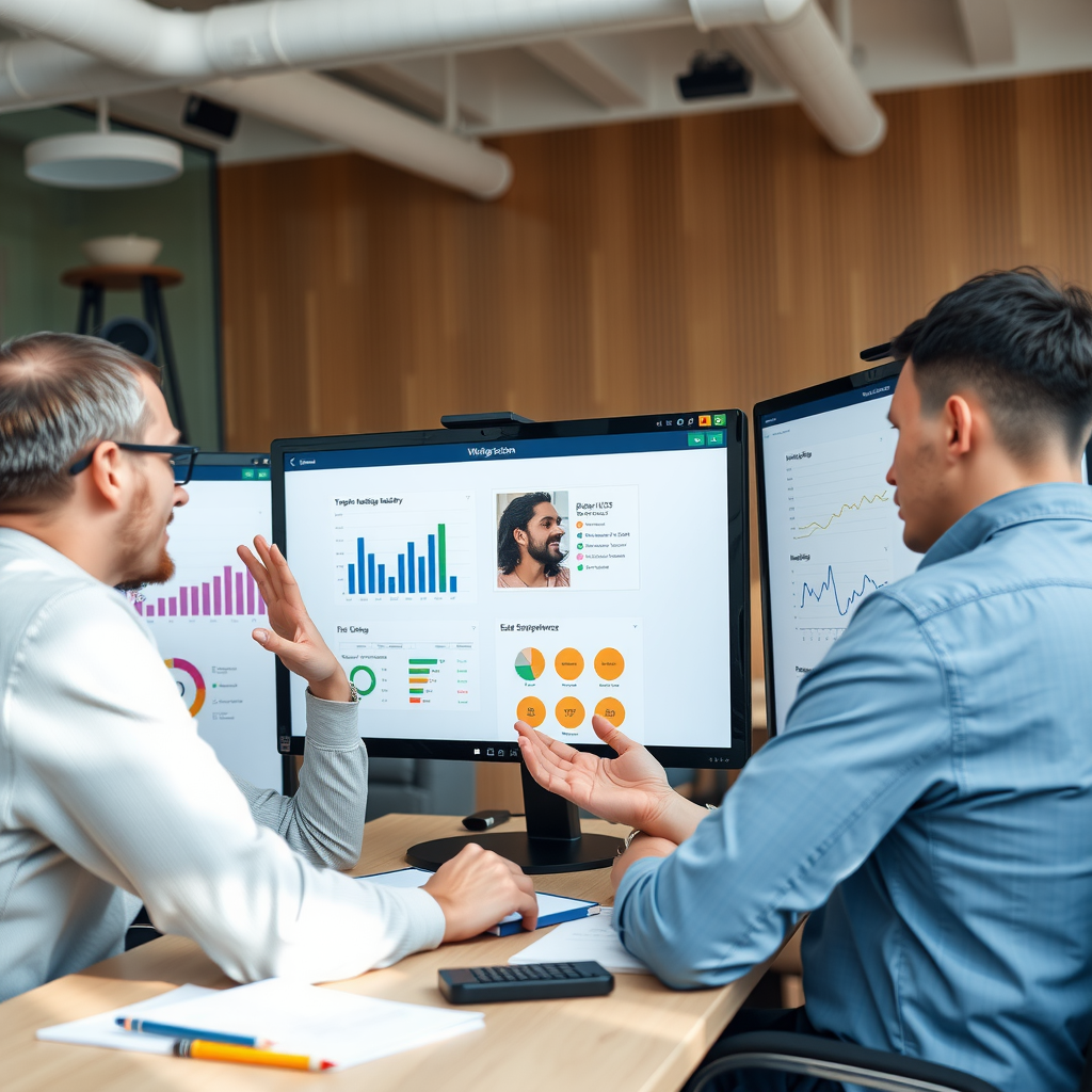 Professional design team collaborating on web design project, reviewing analytics and user experience data on large monitors, modern office environment with natural lighting