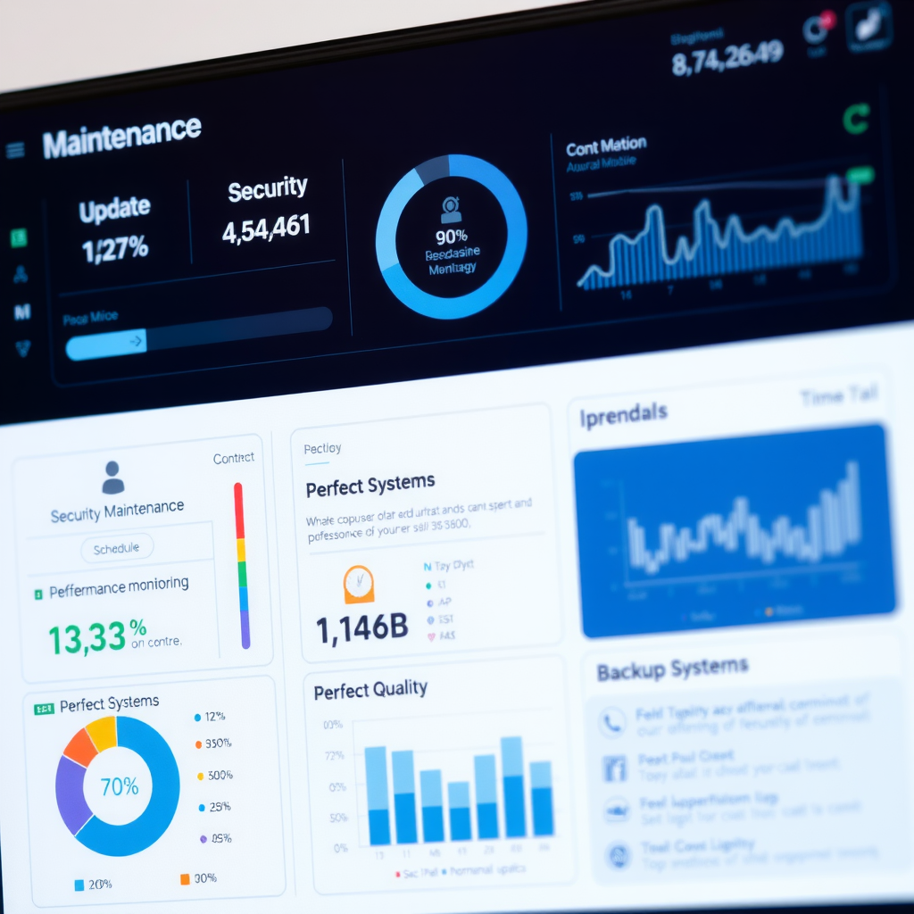 Website maintenance dashboard showing update schedules, security monitoring, performance metrics, backup systems, and uptime statistics
