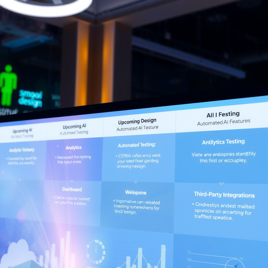 Futuristic digital interface showing Smoobu Design's product roadmap with upcoming AI features including automated testing, analytics dashboard, and third-party integrations, presented in a clean, modern visualization style