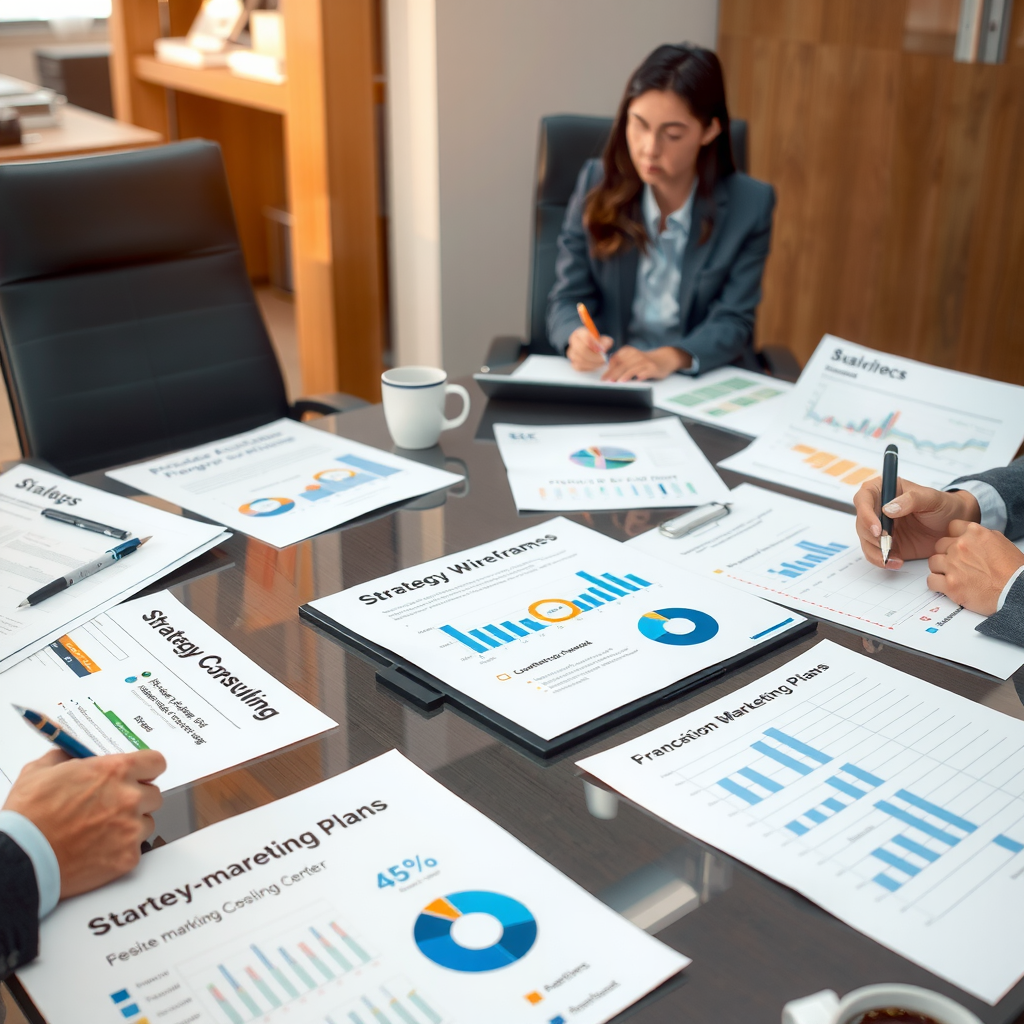 Business consulting meeting with strategy documents, website wireframes, analytics reports, and digital marketing plans spread across modern conference table