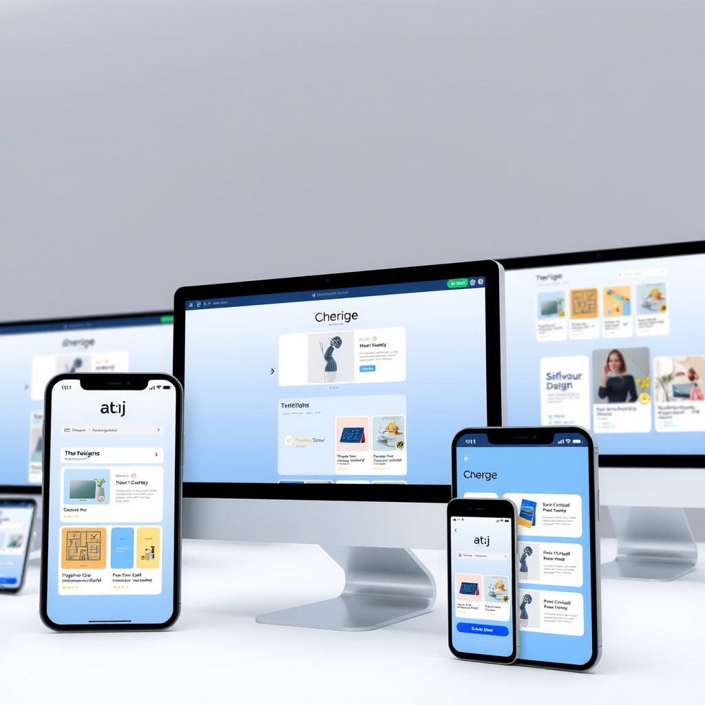 Modern AI-powered website builder interface showing intelligent design suggestions and customizable templates on multiple device screens with blue and white color scheme