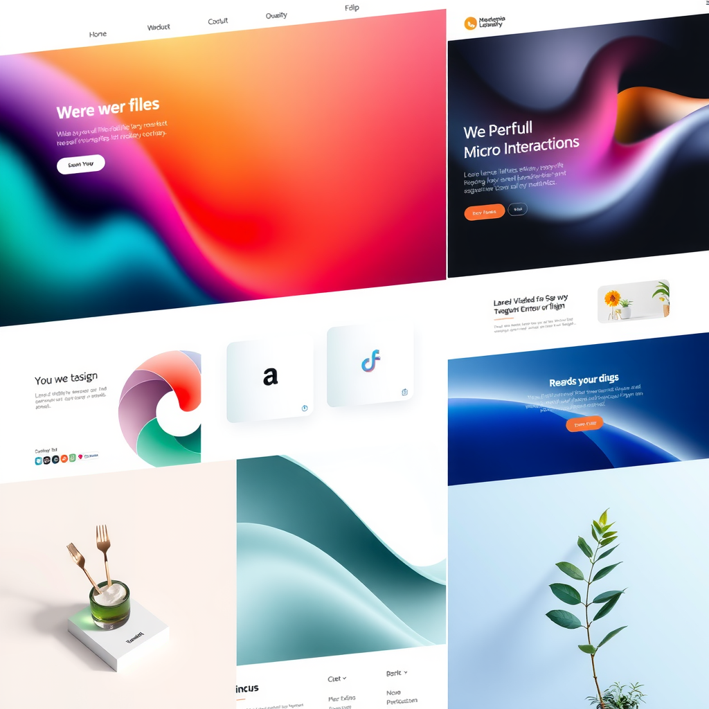 Collage showcasing 2024 web design trends including minimalist interfaces with clean layouts, subtle micro-interactions, and sustainable green web practices with eco-friendly design elements