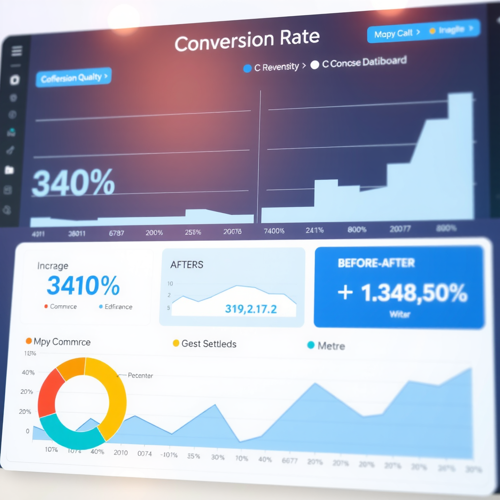 Data visualization dashboard displaying impressive 340% conversion rate increase with upward trending graphs, e-commerce metrics, and before-after website performance comparisons